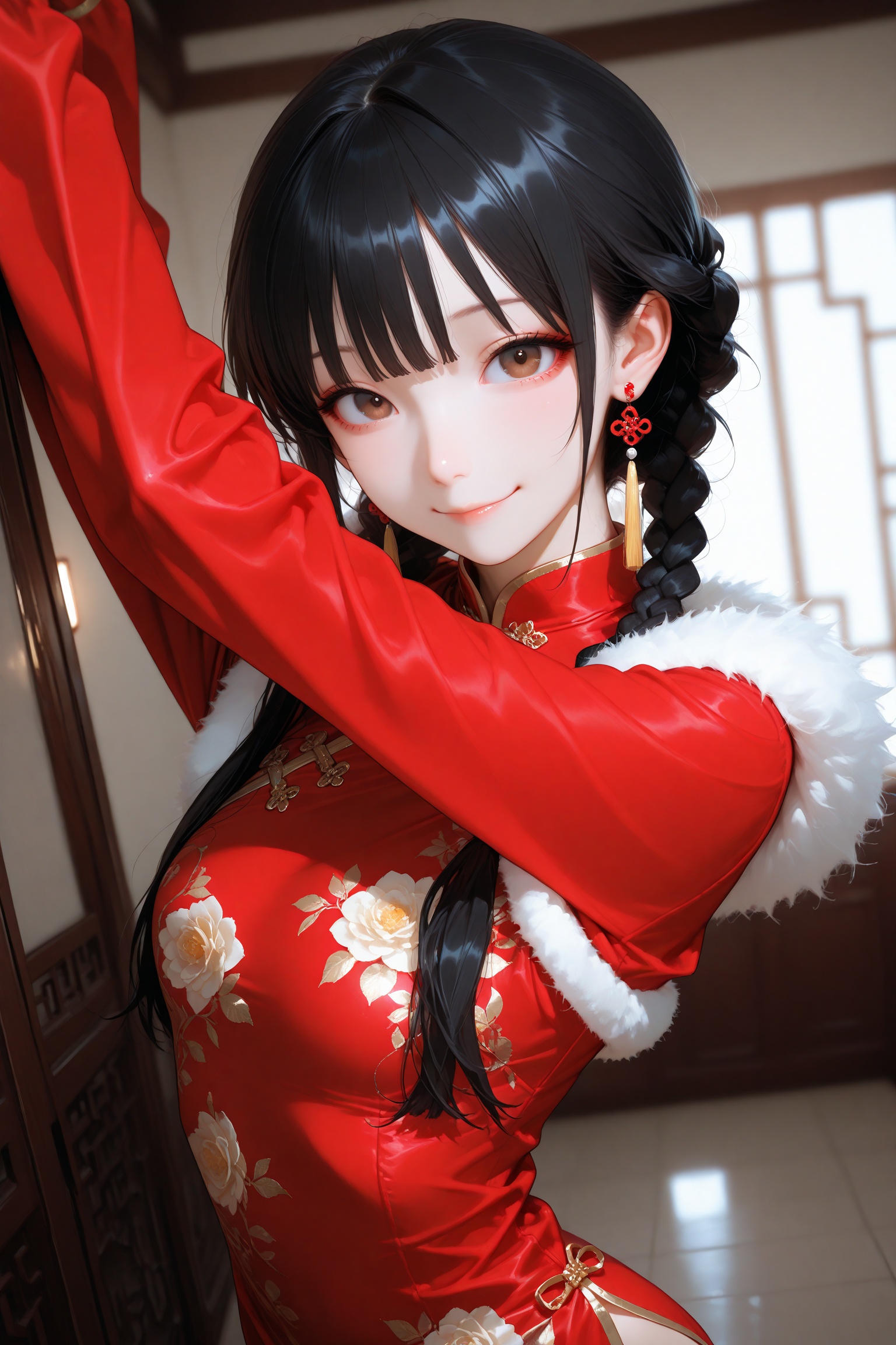 masterpiece,best quality,amazing quality,very aesthetic,newest,1girl,solo,smile,jewelry,brown eyes,looking at viewer,black hair,chinese new year,earrings,blurry,china dress,fur trim,long hair,long sleeves,bangs,indoors,red dress,braid,blurry background,depth of field,floral print,dynamic_pose,upper_body,dutch angle,Visual impact,extreme aesthetic,in the style of fashion photography,Emotionalization,