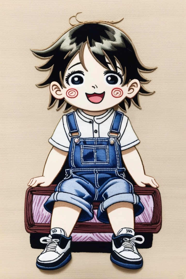 ((HRD, HUD, 8K)),((masterpiece, best quality)), highly detailed,Embroidery, 1boy, overalls, chibi, traditional media, smile, sitting, looking at viewer,  <lora:20240520-1716211516835:0.9>