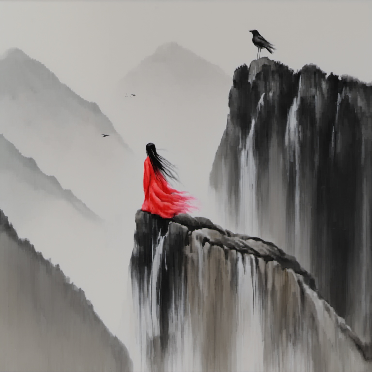 <lora:ink_xiakexing_xl_v1:0.8>,tree,mountains,ink painting,a painting of a person sitting on a cliff with a red coat on top of it and a black bird flying over the cliff,1girl,solo,long hair,black hair,sitting,very long hair,multicolored hair,water,from behind,bird,letterboxed,facing away,waterfall,