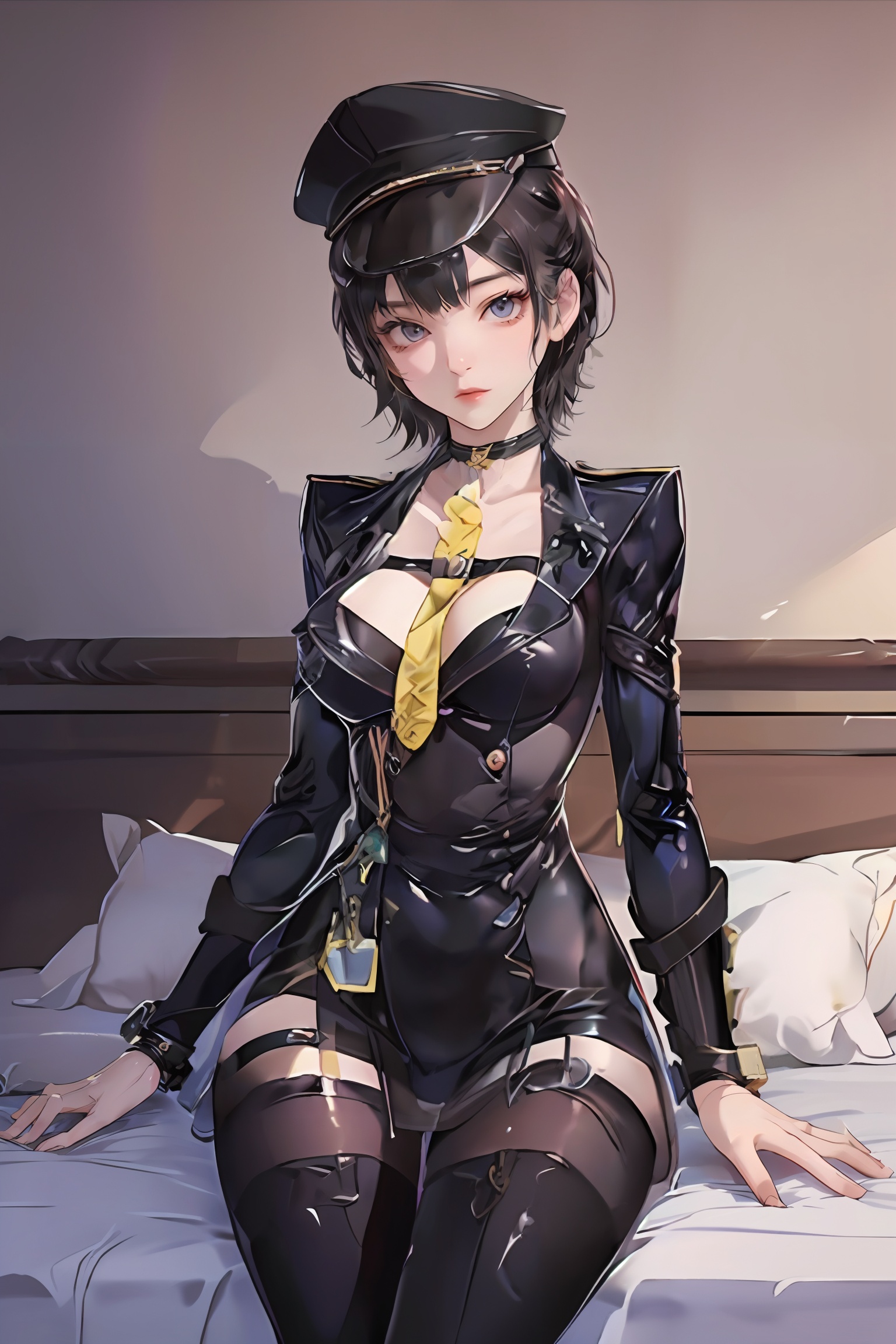 ((sfw:1.1)),((masterpiece, best quality, best shadow, official art, correct body proportions, Ultra High Definition Picture, master composition)),(best hands details:1.4),weiqingzhifu,short hair,headwear,1girl,solo,mature female,perfect body,shiny skin,breasts,narrow waist,wide hips,makeup,looking_at_viewer,(cowboy_shot),(holding handcuffs),handcuffs,indoors,bedroom,on bed,sitting on bed,