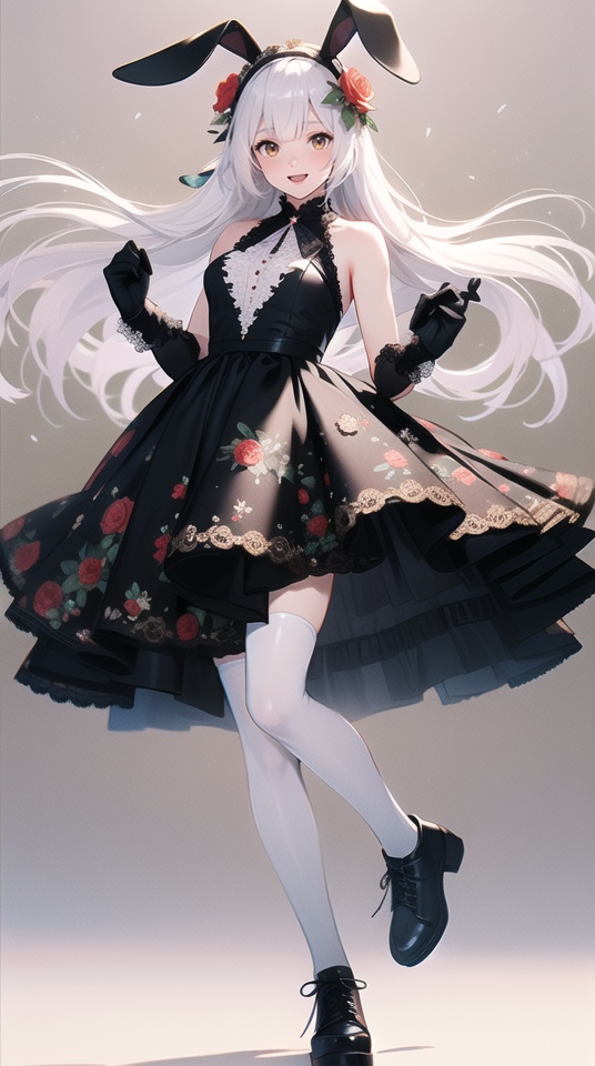 (best quality), ((masterpiece)), (highres), illustration, original, extremely detailed,1girl, solo, gloves, thighhighs, rabbit ears, long hair, animal ears, dress, black gloves, flower, black footwear, sleeveless, white background, open mouth, blue flower, sleeveless dress, full body, white hair, holding, simple background, bare shoulders, very long hair, rose, hair ornament, black thighhighs, white dress, smile, official alternate costume, hair flower, yellow eyes, looking at viewer, blue rose, black dress, bangs, breasts, bow, shoes, hairband, brown thighhighs, blush, pocket watch, :d, small breasts, brown eyes, card, hands up, standing, standing on one leg, floating hair, zettai ryouiki, short dress, no background