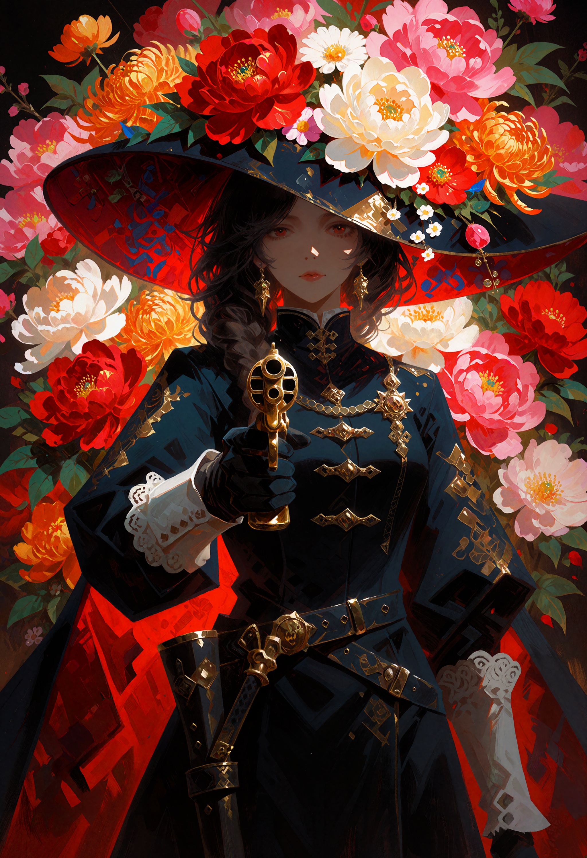 In the style of zhihui,  a young woman with dark,  wavy hair framed by an oversized black hat brimming with opulent blooms...