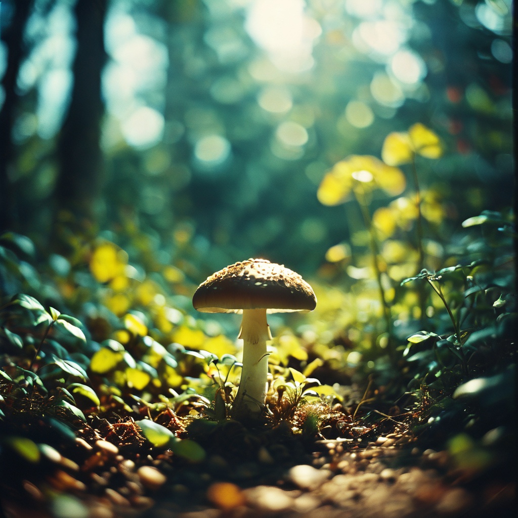 a mushroom in a garden ,  film,  bokeh on Tensor.Art