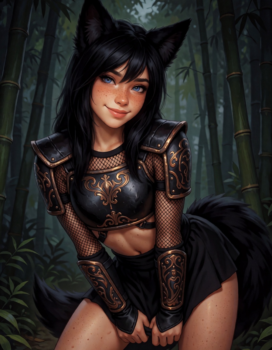 In the style of YuniA young woman with long black hair,  black fox ears,  freckles on Tensor.Art