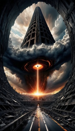 Digital art black hole containing spaceship parts object succking up everything sinkhole road,Hand of god descending from sky to destroy the tower of babel,sharp color,pandemonium,chaotic scene,intricately detailed,foreboding,intense,dark clouds,wrath of god descending,lightning,symmetrical architecture,
