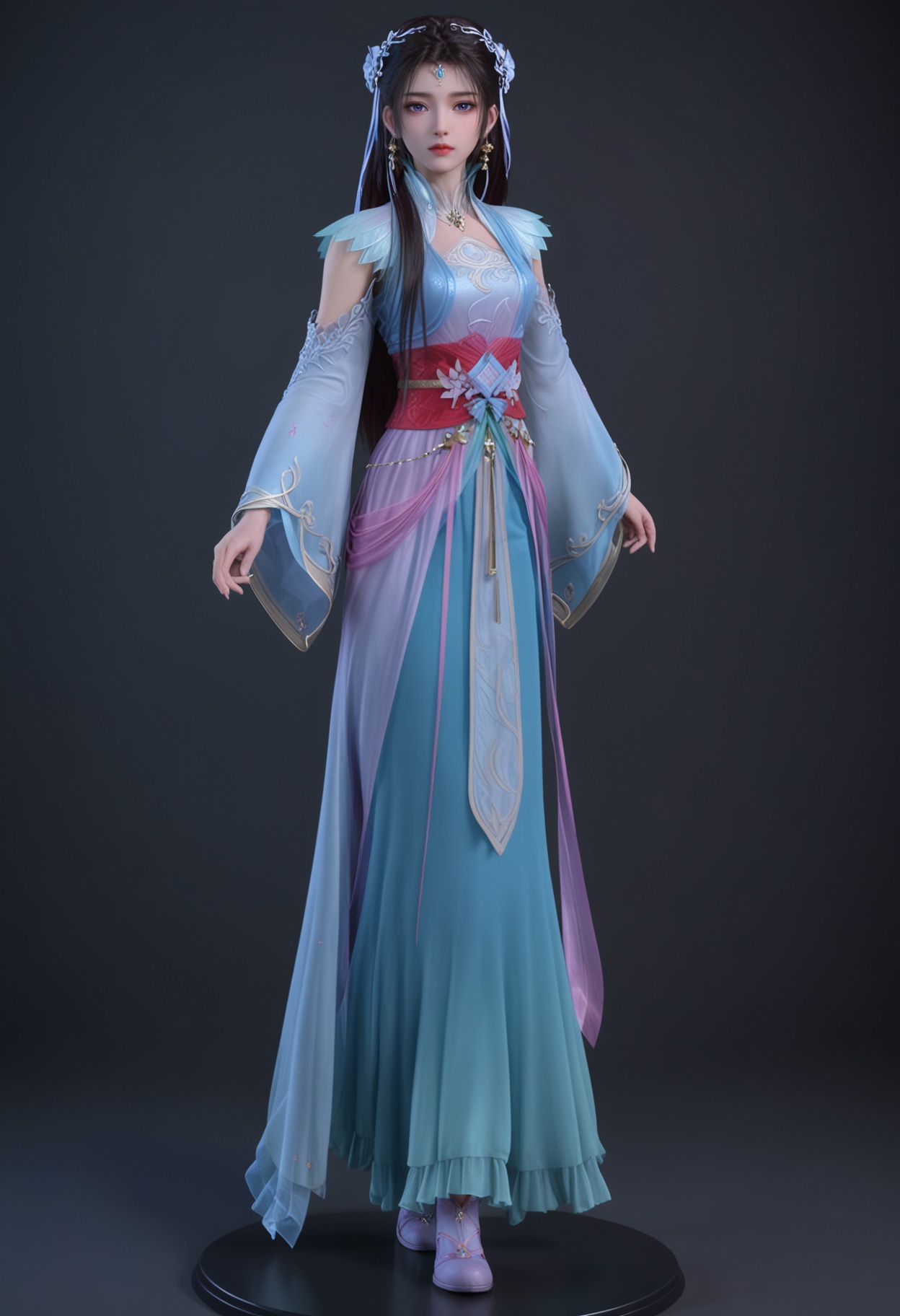 (full_body:1.1),(looking at viewer:1.1),facing viewer,direct gaze,<lora:YQ_pony_yiwenjun_V5:0.8>,1girl,q1528437228,solo,long hair,hair ornament,jewelry,earrings,dress,black hair,brown hair,sash,blue dress,hair bun,detached sleeves,forehead mark,long sleeves,purple eyes,hair flower,necklace,blue eyes,purple footwear,BREAK simple background,pure black background,black background,perfect anatomy,