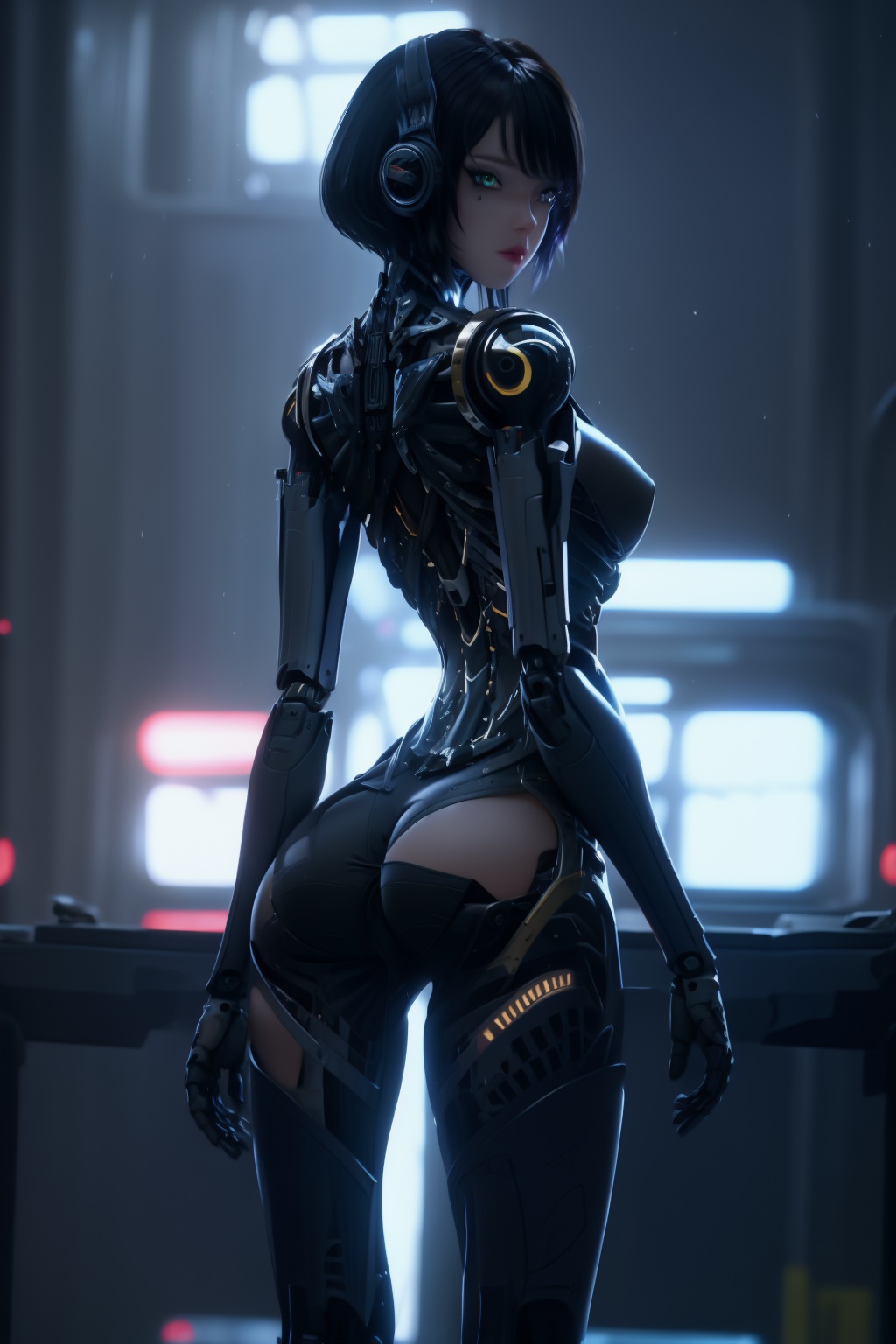 1girl,lowleg panties,ass visible through thighs,masterpiece,best quality,highly detailed,hair ornament,skinny,(seductive smile:0.5),looking at viewer,indoor,luxury bedroom,crop top,purple hoodie,(black panties),(looking at viewer:1.5),(looking back:1.5),black thighhigh,large breasts,black hair,long hair,ass,from behind,bent over,ash,1girl,green eyes,android,black hair,looking at viewer,robot joints,solo,breasts,mechanical parts,short hair,joints,cyborg,blurry background,lips,medium breasts,science fiction,cyberpunk,bangs,depth of field,xuer cyberwarrior,