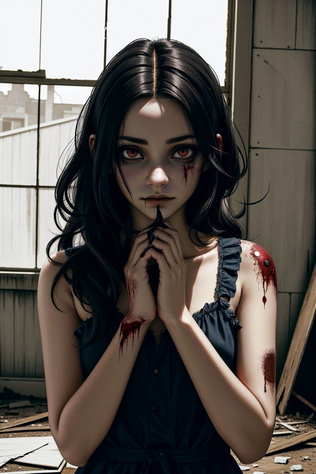 zombie girl in a ruined room,  vampire,  blood on her hands on Tensor.Art