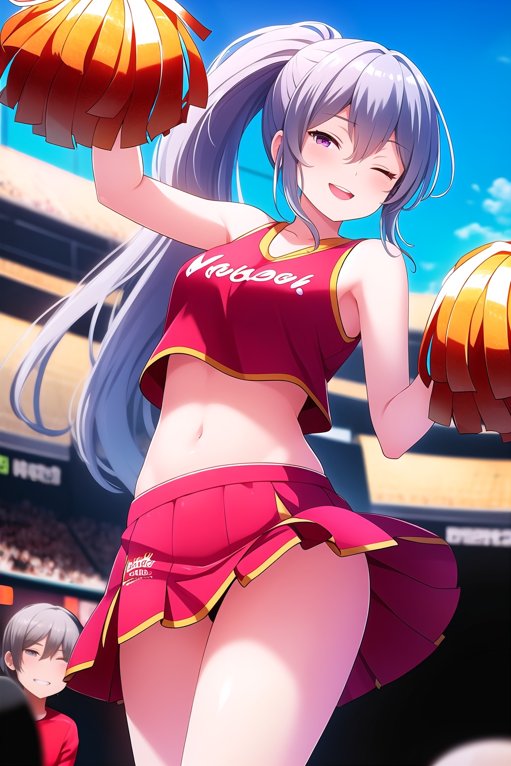 (masterpiece, best quality), highly detailed background, perfect lightingbest quality, shigetoakiho, solo, outdoors, stadium, cheerleader, grey hair, ponytail, hair between eyes, very long hair, one eye closed, purple eyes, medium breasts, red shirt, crop top, right arm up, pom pom \(cheerleading\), red skirt, miniskirt, smile, open mouth, ;d, pink lips, <lora:Shigeto-Akiho:0.7>