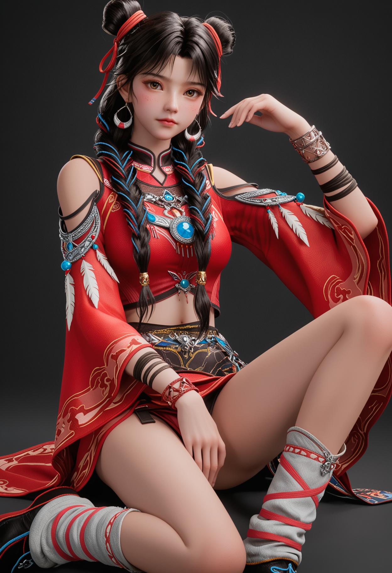 (upper_body:1.2),score_9,score_8_up,masterpiece,(best quality),intricate details,facing viewer,(looking at viewer:1.1),<lora:YQ_pony_bailuoheng_V4:0.8>,q1528437228,solo,1girl,jewelry,black hair,long hair,earrings,hair bun,braid,ribbon,hair ribbon,twin braids,double bun,brown eyes,chinese clothes,multiple braids,bracelet,crop top,skirt,multicolored hair,feathers,dress,red ribbon,red skirt,single hair bun,red dress,hair over shoulder,leg warmers,socks,shirt,brown hair,red shirt,necklace,freckles,shoes,long sleeves,detached sleeves,hair ornament,china dress,black eyes,multi-tied hair,wide sleeves,ribbon braid,black footwear,BREAKscore_9,score_8_up,masterpiece,(best quality),perfect anatomy,(hourglass),perfect face,(simple background,pure black background,black background:1.1),fair_skin,shiny_skin,Ivory_skin,