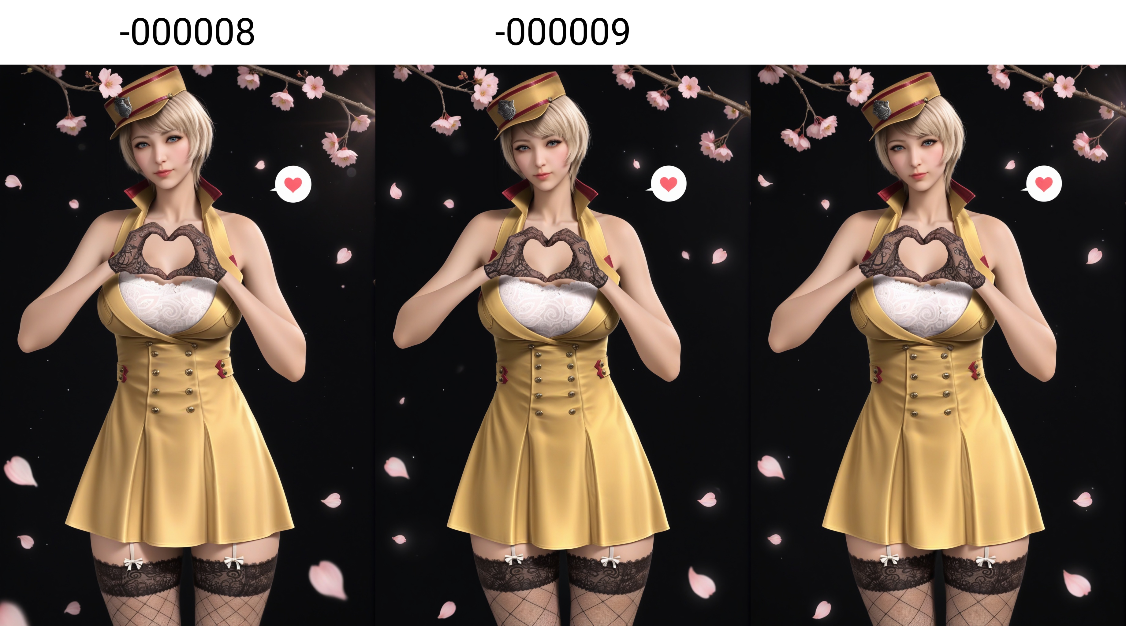 masterpiece,best quality,absurdres,highres,plump,curvy,mature female,<lora:潜-灵狐-ill-000008:0.85>,1girl,solo,blonde hair,short hair,blue eyes,halter dress,white bra,lace bra,high collar,bare shoulders,military hat,lace-trimmed legwear,fishnet thighhighs,garter straps,black gloves,lace gloves,collarbone,heart,spoken heart,(heart hands),looking at viewer,(front view),BREAK(white_skin:1.1),(fair_skin:1.1),realistic,twig,branch,falling petals,simple background,black background,rim light,Volumetric Lighting,lens flare,Tyndall effect,depth of field,bokeh,sparkle,