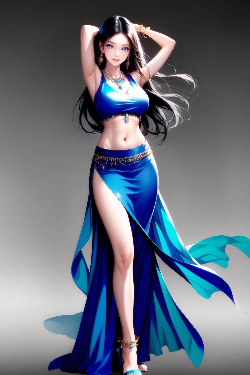 <lora:20250501_AgainGameCharacterLora:1>, 1girl, solo, jewelry, navel, breasts, long hair, full body, blue eyes, black hair, skirt, bracelet, armpits, earrings, looking at viewer, midriff, gradient background, arms up, long skirt, armlet, cleavage, standing, dancer, crop top, high heels, smile, necklace, anklet, blue footwear, medium breasts, stomach, grey background, red skirt, bare shoulders, simple background, large breasts, side slit, arabian clothes, see-through