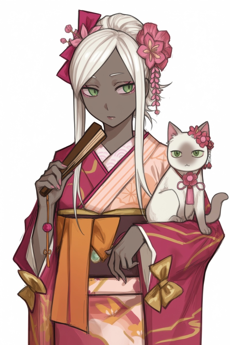 @wwrnst,  A dark-skinned woman with long white hair and green eyes holds a brown folding fan in her right hand. She wears...