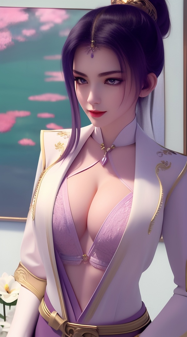 (,1girl, ,best quality, ),looking at viewer, <lora:444-DA-真阳武神-禅银纱-男装:0.8> ,ultra detailed 8k cg,ultra detailed background,ultra realistic 8k cg,1girl, solo,(bare shoulders:0.85),(masterpiece, best quality),((oil painting style)),sexy young lady,(beautiful face and eyes),(upper body:1.5),(whole body:1.05),(single person:1.2),surrounded by flowers, (lily), roses, floret, vegetation, white, purple, purplish pink,Impressionism,colorful,(Breast size:1.3),(cleavage), 