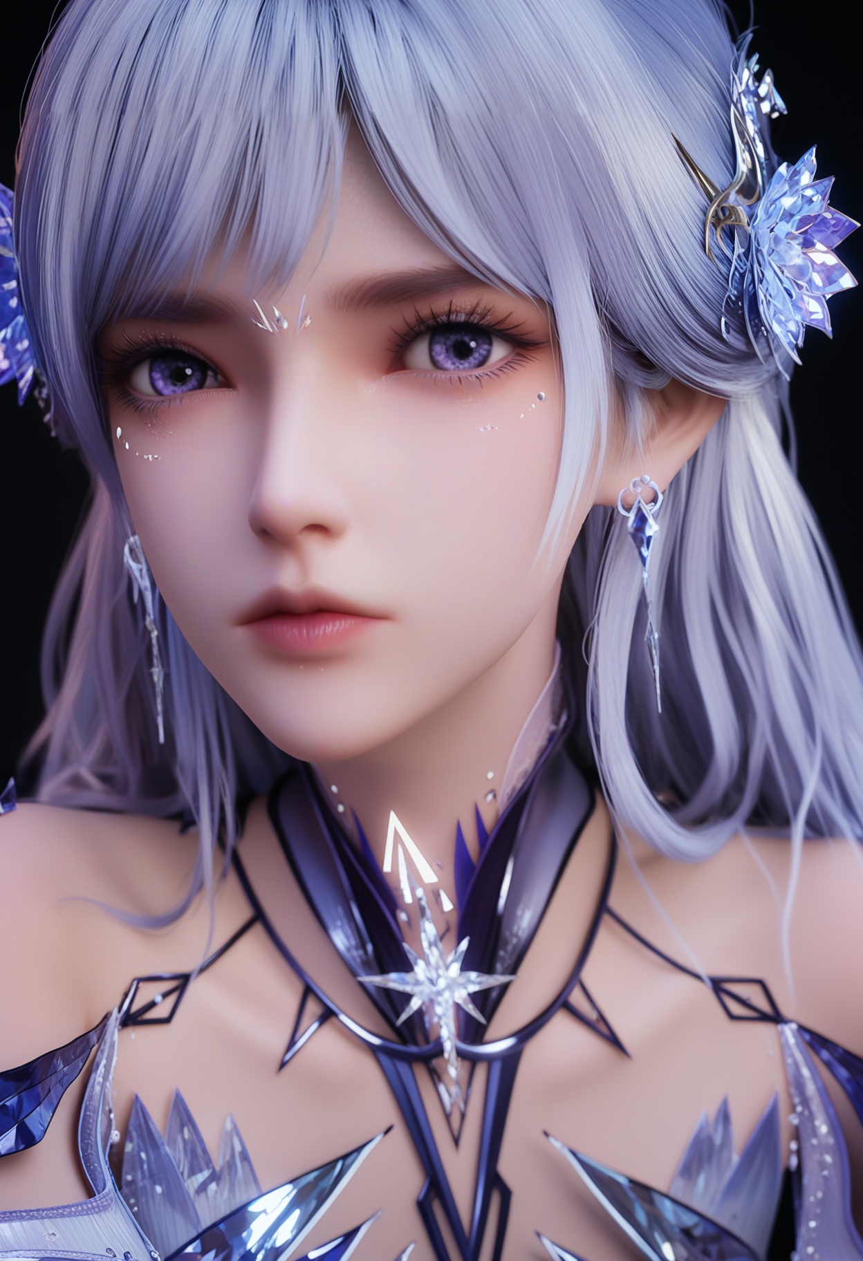 (upper_body:1.2),(score_9:1.2),(score_8_up:1.2),(top quality, 8k wallpaper:1.1),(masterpiece:1.1),(best quality:1.2),(intricate details),8k,1girl,facing viewer,(looking at viewer:1.1),<lora:YQ_pony_shengcaier_shenjuanjuexing_V4:0.95:lbw=1,1,1,1,1,1,1,1,1,0.8,0.8,0.1>,q1528437228,1girl,solo,long hair,hair ornament,dress,jewelry,earrings,purple eyes,white hair,blue hair,hair flower,high heels,blue eyes,pantyhose,legs,purple hair,grey hair,BREAK(score_9:1.2),(score_8_up:1.2),masterpiece,best quality,very aesthetic,perfect anatomy,(hourglass),perfect face,(simple background,pure black background,black background:1.1),fair_skin,(shiny_skin:1.1),Ivory_skin,