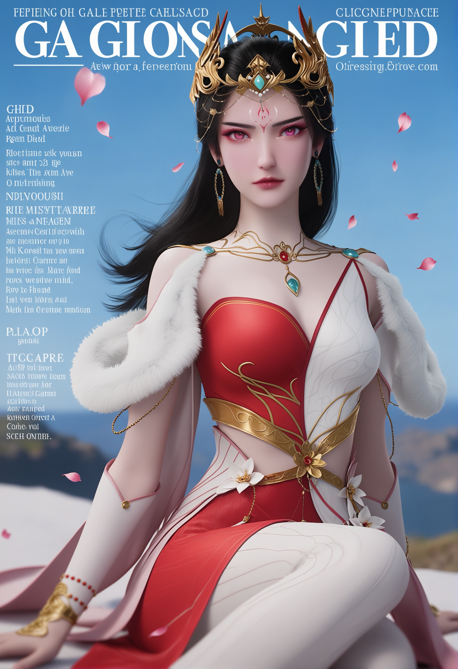 score_9,score_8_up,score_7_up,1girl,solo,full_shot,(sitting:1.4),(advertising cover:1.2),(magazine cover theme:1.05),(arms_behind_back:1.3),1girl,solo,realistic,dress,red dress,two-tone dress,white dress,long dress,cape,fur-trimmed cape,white cape,shoulder cutout,qq2551213441,fur trim,clothing cutout,floating,long sleeves,detached sleeves,breasts,realistic,jewelry,tiara,hair ornament,head chain,earrings,necklace,bracelet,1girl,solo,realistic,(mature face:1.2),big eye,slender face,shiny_skin,forehead mark,facial mark,long hair,black hair,brown hair,pink eyes,red eyes,eyeshadow,bare shoulders,closed mouth,realistic,(advertising cover:0.9),grey_background,(white_background:0.9),falling petals,(depth of field:1.2),depth_of_field,(looking at viewer:1.1),<lora:小巳-红蝶pony:0.85>,