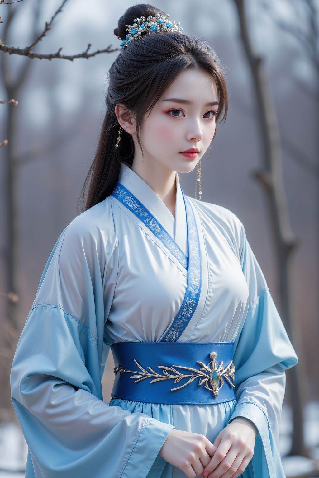 girl,white and blue turtleneck hanfu,outdoors,  <lora:AgainAnimeGirlF1Lora10_v2:0.8>