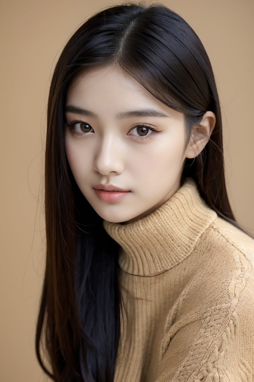 1girl,asians,a young woman with long,straight dark hair. She has a fair complexion and is gazing directly at the camera. She is wearing a knitted sweater with a patterned design,predominantly in beige and black tones. The background is plain,ensuring the viewer's focus remains on the subject.,, masterpiece,best quality,