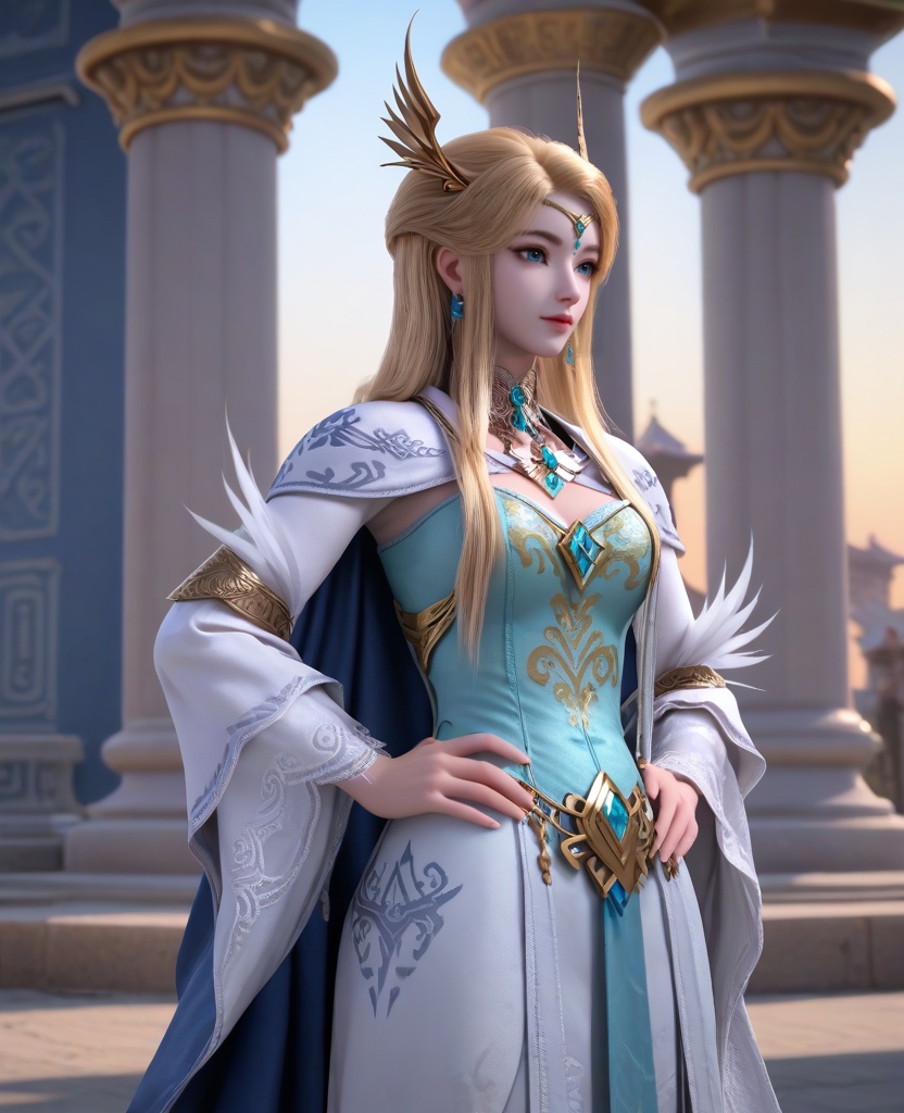 (oriental architecture, elegant decor, sophisticated style:1.1),(Posing with hands on waist, looking over the shoulder,:1.1),(breasts:1.2),<lora:XL16长夜开拓者圣女维罗妮卡:0.95>,miss veronica,blue corset dress,blue eyes,blonde hair,half-up ponytail with hair over shoulder,hair ornament,jewelry,choker,tiered sleeves,earrings,cape,white dress hem,white high heel boots,, score_9,score_8_up,score_7_up,score_6_up,score_5_up,score_4_up,3d rendering,tag1,tag2, Cinematic Lighting,backlighting,