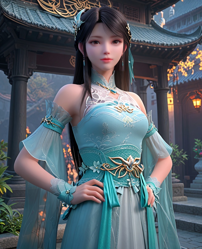 (oriental architecture, elegant decor, sophisticated style:1.1),(hands on hips:1.1),(breasts:1.2),<lora:XL斗破苍穹箫薰儿绿衣:0.95>,miss xuner,aqua dress,see-through fart curtain with white petticoat underneath,brown eyes,black hair,long hair,sash,hair ornament,detached see-through sleeves,earrings,jewelry,bare shoulders,wrist cuffs,, score_9,score_8_up,score_7_up,score_6_up,score_5_up,score_4_up,3d rendering,tag1,tag2, Cinematic Lighting,backlighting,