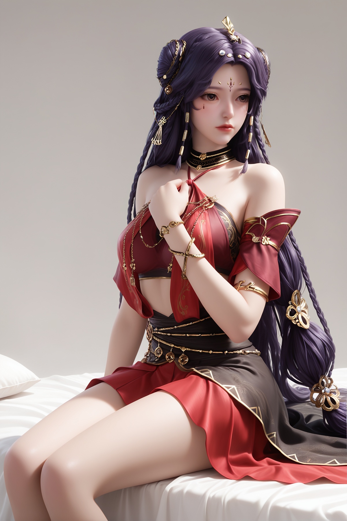 masterpiece,best quality,realistic,cinematic,detail eyes,(ultra-detailed),perfect composition,intricate details,absurdres,detailed face,high quality,high res,8K,<lora:X_lenxiao_IL3.0:0.8>,1girl,long hair,breast,medium breast,hair_ornament,dress,black hair,purple hair,brown eyes,facial mark,forehead mark,skirt,red dress,armlet,bracelet,choker,very long hair,sitting,bare_legs,simple background,bed,