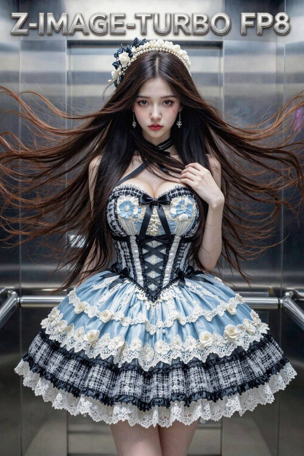 极其清晰，电影级画质。图像风格：运用极高光和纯白色营造视觉焦点，并利用对比鲜明的光影细节最大程度地增强情感张力，最终达到“强烈、锐利、层次分明”的视觉冲击力。图像内容：黑色长直发，棕色大眼睛，实拍照片，真实，大师级画质，顶级品质，高品质，俯拍微距，丰满胸部，黑色头发，修长美腿，纤细双腿，1个女孩，只是随意抓拍。照片略有动态模糊，展现了野性之美，精致的五官，纤瘦的脸庞，大眼睛，挺鼻梁，樱桃小嘴，尖下巴，纤细的模特身材，一头柔顺的长棕色头发，超高美感，空灵飘逸，自然清新，宛若月光下，发饰，耳环，楚楚，一丝幸福感，优先考虑高分和点赞，视觉冲击力强，略带疲惫，依赖，轻抚肩膀，**，不舍地出现，照片，超长头发散开遮住脸颊和胸部，穿着衣服，纤瘦却自信的身材，8K超高清，正面照，湿身，镜子，电梯- 裙子：主色调为浅蓝色、白色和黑色，采用多层次复杂设计。裙身饰有立体花朵、蕾丝，并拼接黑白格子面料。腰部饰有黑色交叉绑带和蝴蝶结。裙子层次丰富，尽显华丽精致之感。——配饰：搭配饰有珍珠和鲜花的头饰，与裙子的风格相呼应。整体造型充满洛丽塔服饰的奢华与梦幻气息。背景顶部有文本“Z-IMAGE-TURBO FP8”以银色字体不锈钢效果显示在顶部。