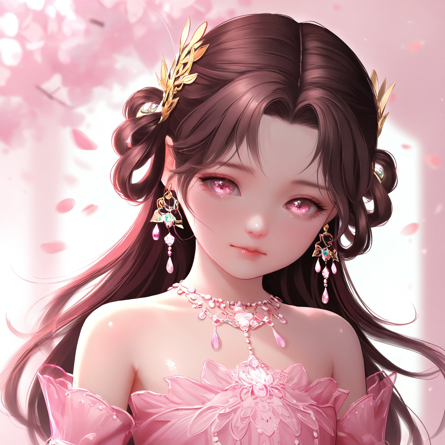 masterpiece,very aware,highres,absurdres,newest,best quality,loli,petite,high quality,chromatic_aberration,cinematic_angle,dutch angle,//,loli,1girl, solo, upper body, jewelry, hair ornament, hair rings, long hair, dress, pink dress, brown hair, earrings, necklace, bare shoulders, pink eyes, feathers, falling petals, petals, cherry blossoms, closed mouth, blurry background, pink theme, weibo username, blurry, detached sleeves//,official art,depth of field,detailed light,blurry background,best shadow,shiny skin,cinematic lighting,ray tracing,amazing quality,very aesthetic,absurdres,beast quality,ultra detailed,newest,8K,HDR,//,<lora:touxiang——【noob】hans:0.8>,