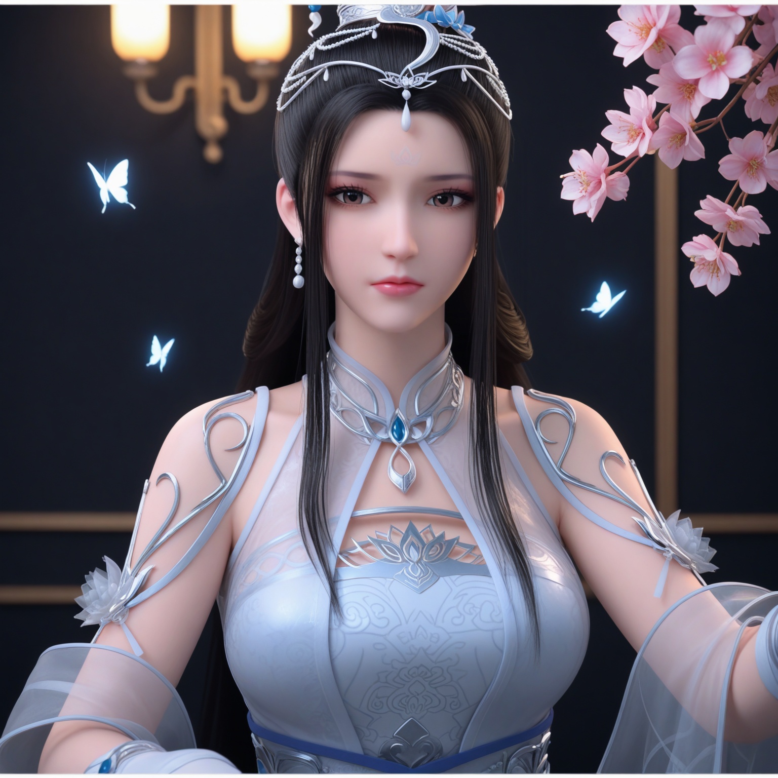(upper_body:1.1),(huge breasts:0.9),74.<lora:YQponylingqingzhuV4:0.8>,q1528437228,1girl,solo,black_hair,long_hair,hair_ornament,dress,jewelry,earrings,white_dress,hair_bun,forehead_mark,facial_mark,chinese_clothes,single_hair_bun,sash,blue_dress,bare_shoulders,see-through,brown_eyes,brown_hair,flower,gloves,anklet,necklace,tiara,detached_sleeves,gawr_gura,virtual_youtuber,butterfly,tassel,tattoo,white_gloves,armor,,blush,(looking_at_viewer:1.1),BREAKintricate details,shiny_skin,solo focus,(blurry background:1.1),(depth of field:1.1),perfect_anatomy,(cinematic lighting:0.9),(volumetric lighting:0.9),(simple background,pure black background,black background:1.1),