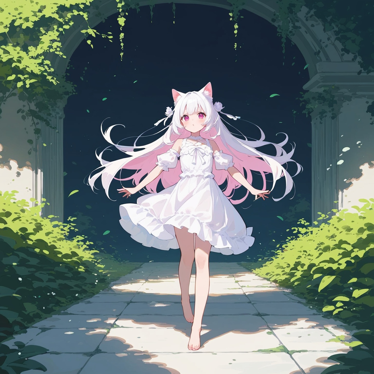 score_9,score_8_up,score_7_up,anime,masterpeice,best quality,very aesthetic,absurdres,cat girl,nekomata,(white cat ears),<lora:cat_girl_pony_v21:1>,1girl,solo,white hair,bangs,long hair,pink eyes,white dress,in summer,fair_skin,light_blush,outstretched arm,barefoot,the_pose,full-body,walking on liquid, 