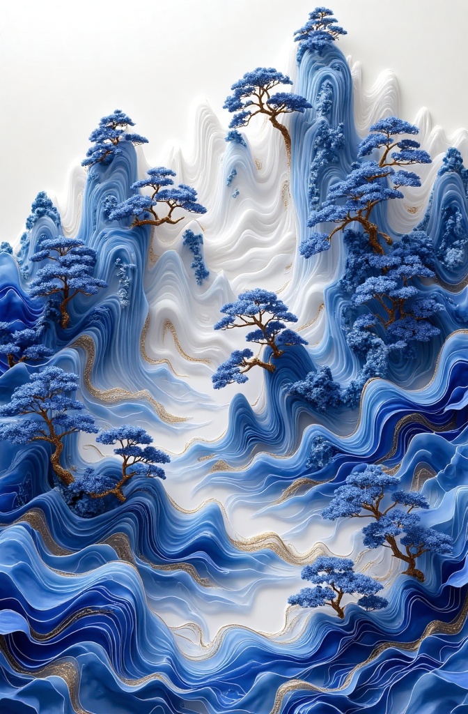 qinghua,qinghua A highly detailed, digital artwork featuring a surreal, abstract landscape with undulating, wave-**** white and blue forms resembling mountains and trees. The blue hues dominate, with intricate, swirling patterns and gold accents. The style is reminiscent of traditional Chinese art, blending natural elements with fluid, organic shapes. 