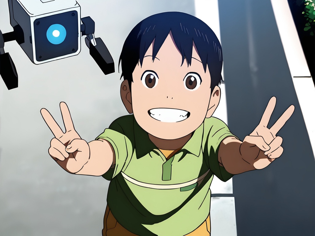 <lora:Yuki_XL:1>,best quality,best detail,masterpiece,on the street,1boy,toddler,green short sleeve,shorts,petite,thin eyebrows,short hair,black hair,brown eyes,perfect correct eyes,wide-eyed,grin,v,((perfect hands,5fingers:1.3)),correct anatomy,stand with the drone,chromatic_aberration,mid_shot,realistic,available light,huge filesize,