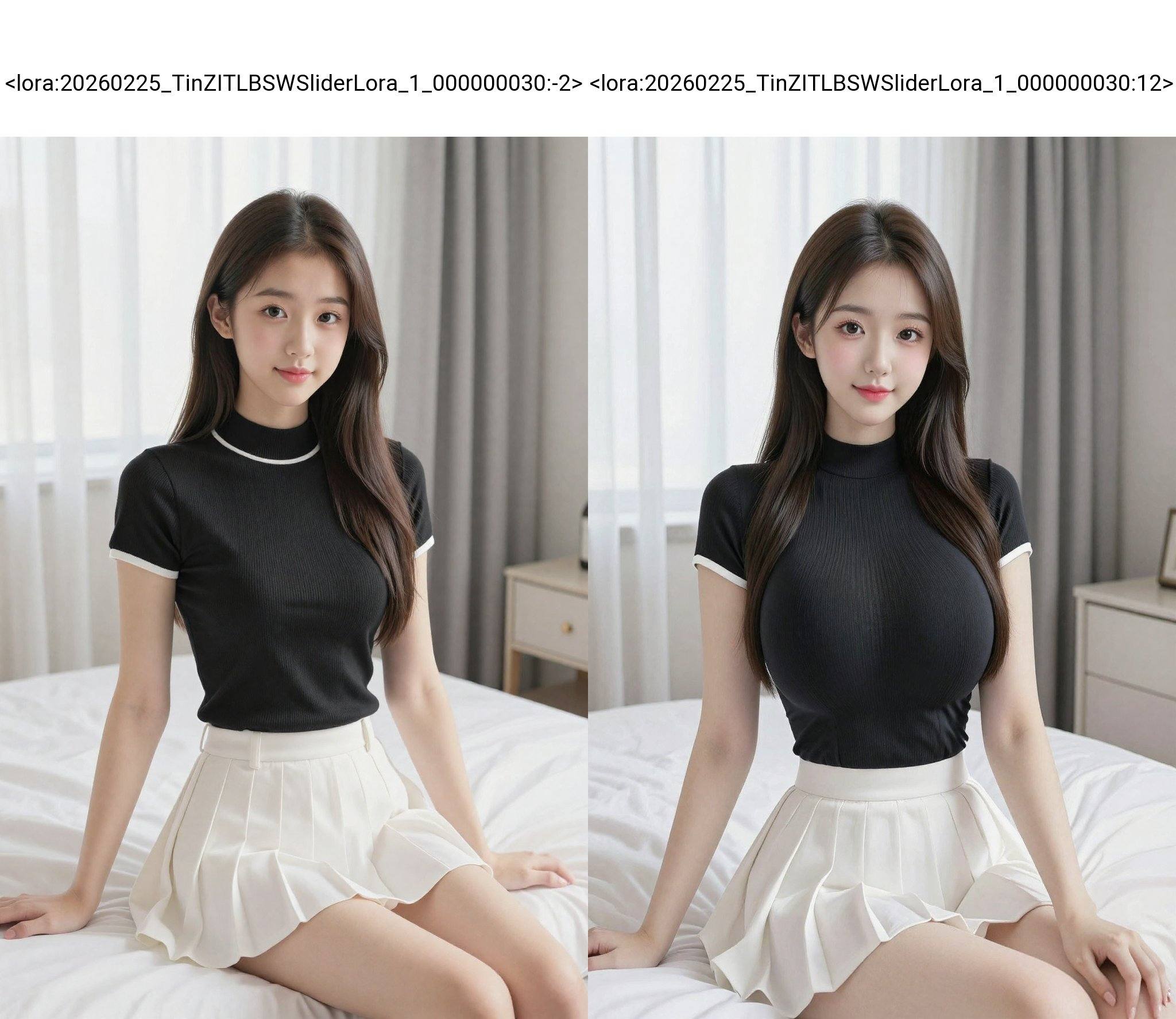<lora:20260225_TinZITLBSWSliderLora_1_000000030:-2>, 这是一张年轻亚裔女性坐在柔和灯光下的现代卧室床上的照片。她有着一头深棕色的长直发，如瀑布般披散在肩上。她身穿一件黑色罗纹短袖高领上衣。上衣的袖口和领口都饰有白色滚边。她还穿着一条白色高腰百褶裙，裙摆垂至大腿中部。她的肌肤光滑白皙，五官精致对称，拥有一双杏仁状的大眼睛、小巧的鼻子和饱满粉嫩的嘴唇。她面带平静的微笑，直视着镜头。背景中，一张铺着整齐床罩的白色床铺映衬着，浅灰色窗帘半遮着窗户，柔和的日光透过窗帘洒进房间。画面右侧可以看到一个浅色的小床头柜。照片整体色调柔和中性，以白色、灰色和浅粉彩色为主。罗纹上衣和褶裥裙的质感与光滑的床罩和她柔嫩的肌肤形成对比。照片整体风格简洁明快，采用浅景深，突出主体。