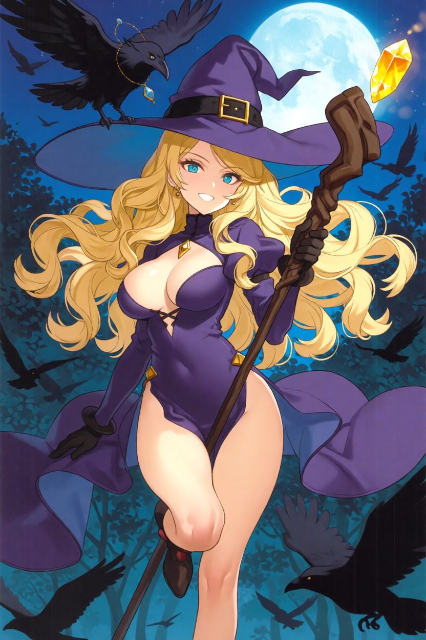 Three-quarter body anime illustration of a beautiful witch flying through the air. She has long,  voluminous,  wavy blonde...