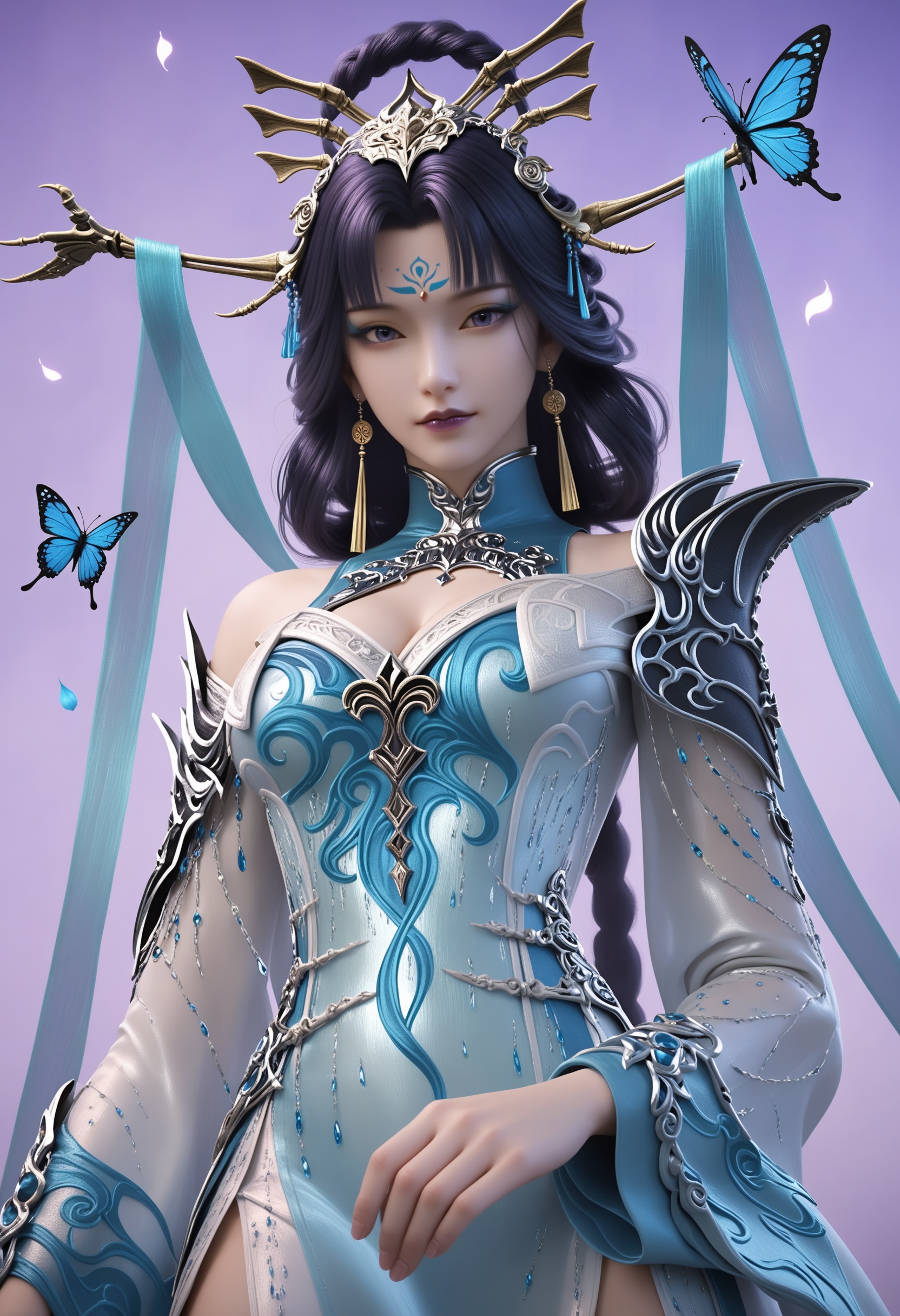 score_9,score_8_up,score_7_up,1girl,solo,realistic,(looking at viewer:1.1),standing,1girl,solo,realistic,dress,white dress,chinese clothes,blue dress,wide sleeves,long sleeves,shoulder armor,ribbon,detached sleeves,clothing cutout,armor,shoulder cutout,detached collar,black gloves,1girl,solo,realistic,jewelry,tiara,hair ornament,hair rings,beads,forehead jewel,forehead mark,facial mark,hair stick,earrings,tassel,tassel earrings,bracelet,1girl,solo,realistic,(mature face:1.2),big eye,(pale_skin:1.1),(shiny_skin:1.1),slender face,hair bun,long hair,black hair,purple hair,purple eyes,purple lips,parted bangs,braid,makeup,eyeshadow,bare shoulders,closed mouth,realistic,purple background,flower,(falling petals:1.3),butterfly,medium breasts,(cleavage:1.1),cleavage cutout,<lora:小巳-红粉骷髅-凭依身:0.85>,