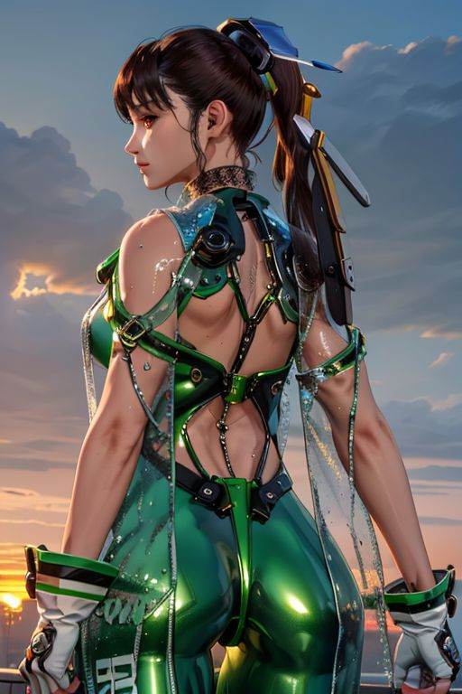 eve, brown eyes, greensuit, ass <lora:eve_v2.0:.7> (best quality:1.2),(masterpiece:1.2),(detailed:1.1) ,sunset, god rays, post apocalyptic, vista, fog, mist,