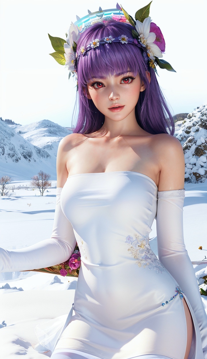 masterpiece,highres,1girl,solo,red eyes,sfw,<lora:add_detail:0.3>,thighhighs,((beautiful Dress+stocking):1.25),((flower headdress:1.45)),((white theme:1.5)),snow,outdoors,snowflakes,sleeveless,3D graphics,looking_at_viewer,ayane,<lora:ayane-000004:0.75>,dynamic pose,dynamic angle,
