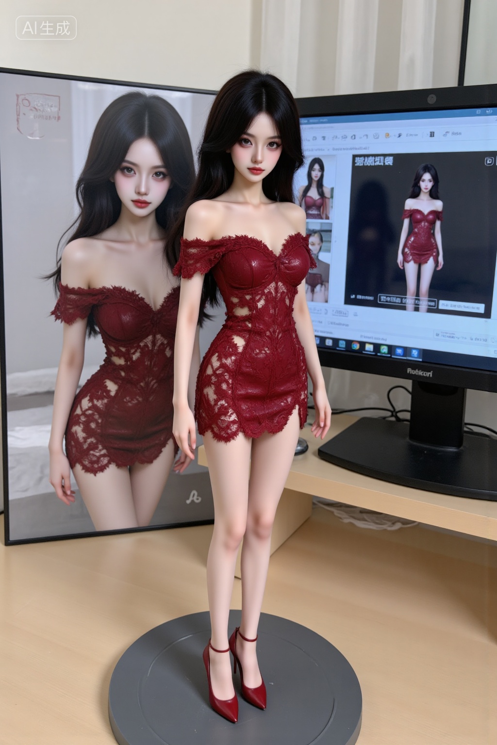off-the-shoulder red lace dress,Turn this photo into a character figure. Behind it,place a box with the character's image printed on it,and a computer showing the blender modeling process on its creen. In front of the box,add a round plastic base with the character figure standing on it. Set the scene indoors if possible.,, Negative prompt: ng_deepnegative_v1_75t,(badhandv4:1.2),EasyNegative,(worst quality:2),,nsfw, Steps: 30, Sampler: Euler, CFG scale: 3.5, Seed: 1853752614, Size: 1024x1536, Model hash: 8aebb373f6, Model: 星梦·日常照片大模型_日常系出图_v1.safetensors, Denoising strength: 0, RNG: CPU, Lora 1: 衣服系列_一字肩蕾丝裙, Lora Hash 1: 9596d16fe8, Lora Weight 1: 0.4, Lora 2: FLUX中式旗袍形象展示, Lora Hash 2: ce6fab95f7, Lora Weight 2: 0.8, Lora 3: FLUX-皮肤细化修复-蓝眼睛效果, Lora Hash 3: 5a2fcf87b8, Lora Weight 3: 0.8, vae_name: automatic