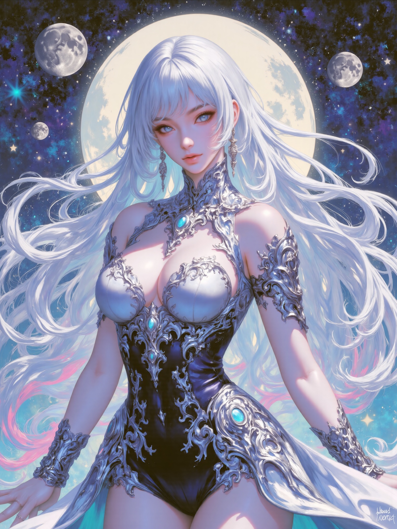 houtu,A beautiful moon goddess,with silver hair and blue eyes,surrounded by stars and moons,wearing an elegant dress against a starry background,set against a fantasy background with vibrant colors and soft lighting,oil brushstrokes.,