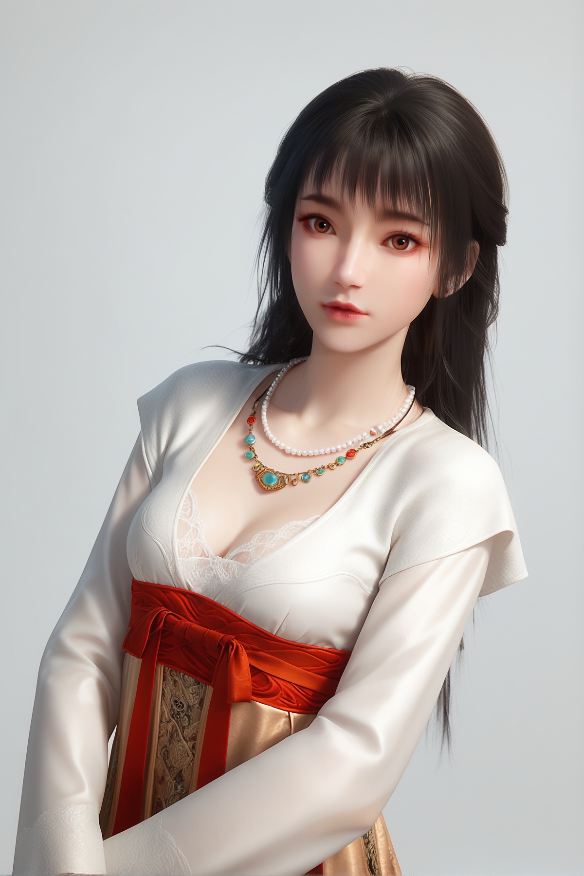 score_9,score_8_up,score_7_up,<lora:wy_ajie_d_XL7.0:0.8>,1girl,long hair,breast,medium breast,dress,black hair,brown eyes,simple background,white_background,long_sleeves,necklace,realistic,looking at viewer,long sleeves,fish,bangs,ribbon,
