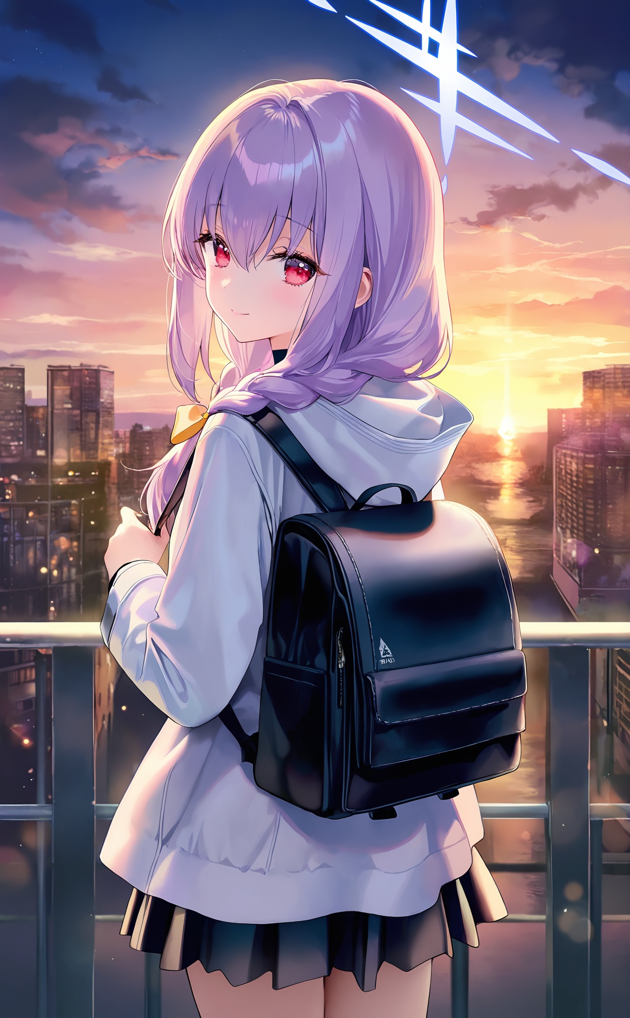 masterpiece,absurdres,best quality,(high quality:0.9),chromatic_aberration,Night,darkness,black theme,shy,embarrass,endured_face,//,atsuko (blue archive),1girl,solo,hood,red eyes,halo,skirt,bag,twin braids,purple hair,looking at viewer,braid,long sleeves,hooded jacket,smile,backpack,outdoors,jacket,closed mouth,white jacket,cityscape,long hair,black skirt,hood down,pleated skirt,sky,city,looking back,blush,railing,building,cloud,low twin braids,white hoodie,hoodie,from behind,ribbon,sunset,hair between eyes,yellow bow,yellow ribbon,hair ribbon,hair bow,bow,blue halo,//,(artist:tokkyu:0.5),(artist:momoko \(momopoco\):0.5),(artist:ask \(askzy\):0.5),(artist:yuyumu:0.4),(artist:dsmile:0.5),(artist:atdan:0.5),(artist:mignon:0.5),(Artist:yunsang,gomzi:0.7),cowboy shot,(atist:Torino aqua:0.5),//,highres,HDR,8K,high contrast,illustration,depth of field,(colorful),Tyndall effect,contrast,lens flare,