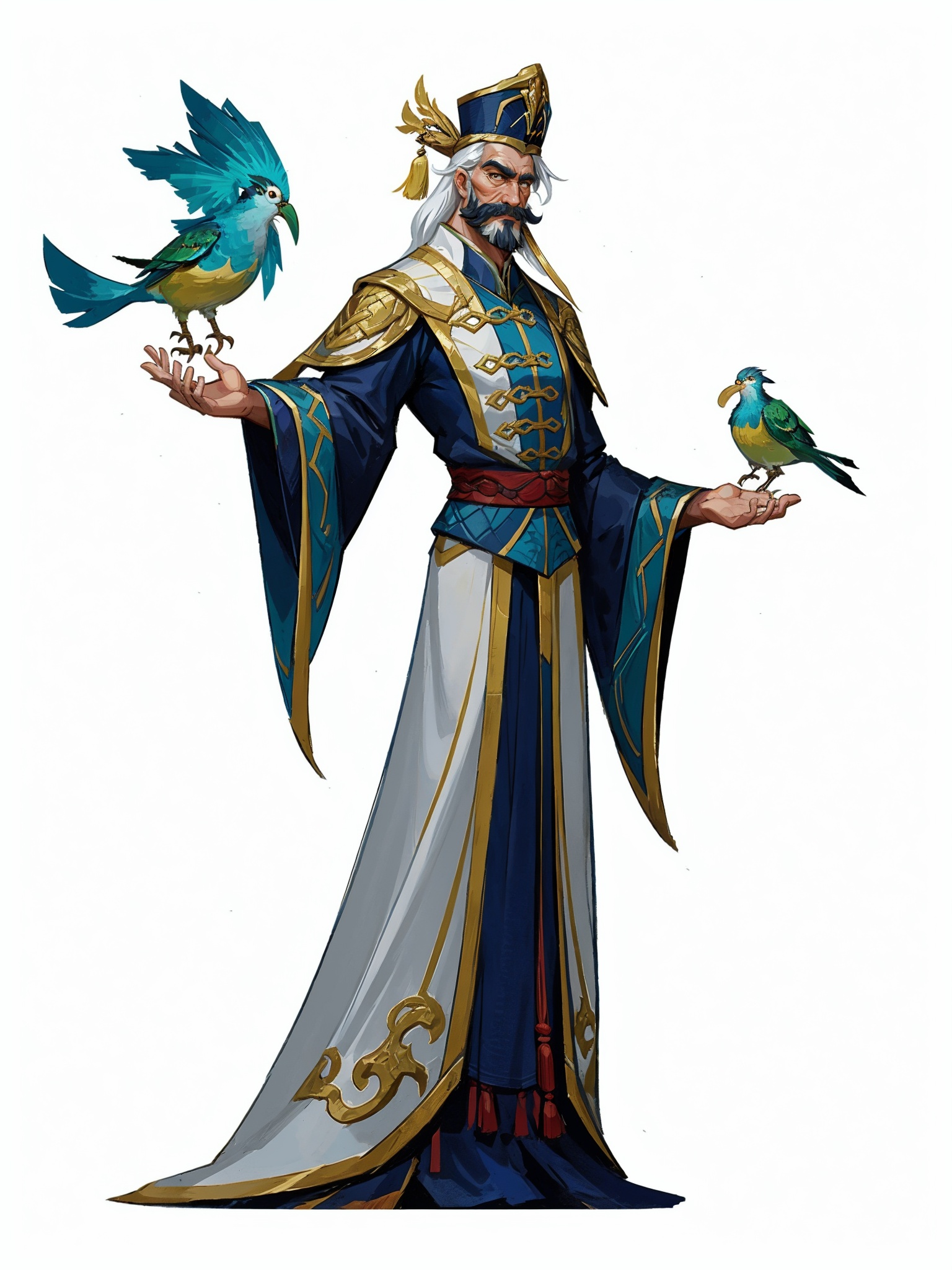 HEZI,Valenlott style,European and American cartoon character design,cutting,dividing,angular,features,solo,long hair,long sleeves,1boy,hat,white background,standing,white hair,male focus,wide sleeves,facial hair,bird,chinese clothes,tassel,beard,robe,mustache,old,old man,<lora:欧美卡通人物设计V2版本-000012:0.7>,