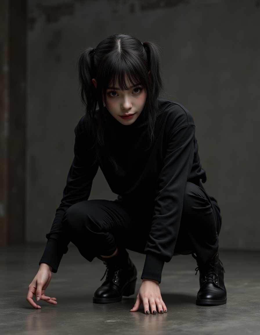 photorealistic, ultra highly intricate detailed, professional photo, goth girl, (full-body) , (Crouching low with hands on the ground, ready for action or play) , portrait lighting, subpixel rendering, smooth vertex shading, (best quality, sharp focus, masterpiece, 4k, ultra detailed, sharp focus, 8k, high definition, insanely detailed,