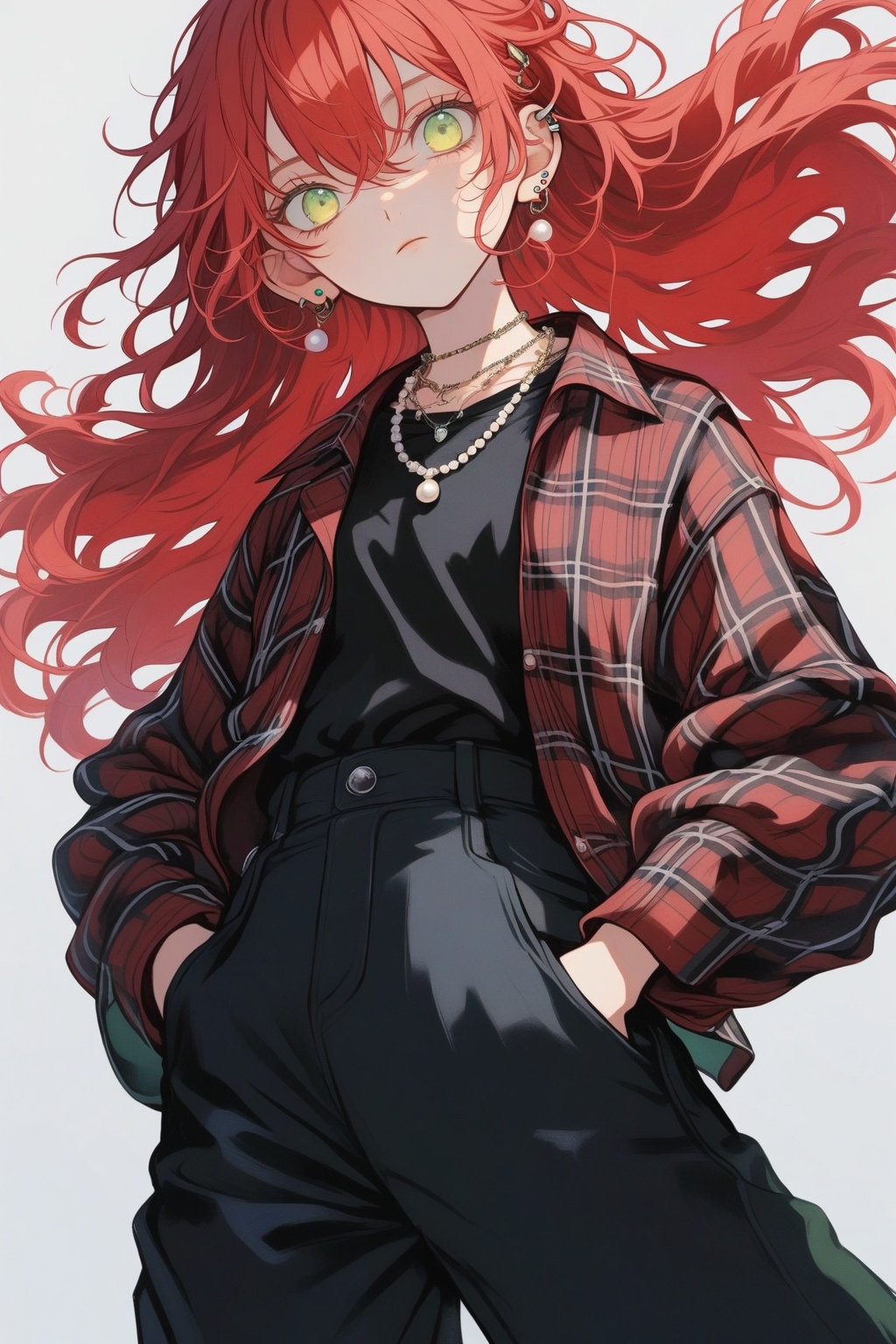 acgn,houtu,High angle lens,1girl,solo singing,long hair,looking at the audience,green eyes,simple background,shirt,long sleeves,white background,hair between two eyes,pearl,closed mouth,standing,red hair,cowboy shooting,earrings,open clothing,pants,necklace,green eyes,checked pattern,black shirt,expressionless,piercing,ear_piercing,hands in pockets,plaid shirt,