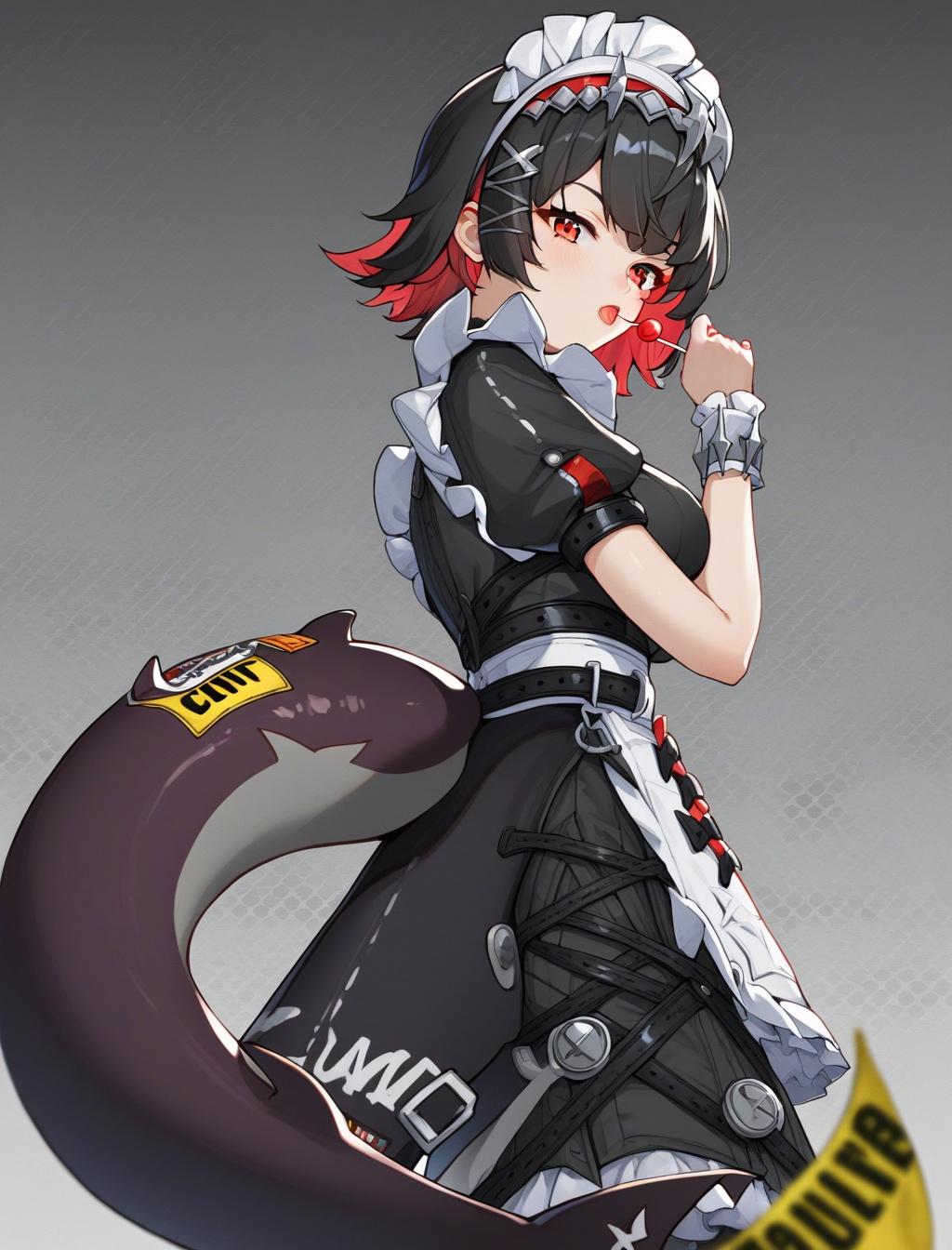 score_9,score_8_up,score_7_up,score_6_up,score_5_up,score_4_up,source_anime,source_cartoon,<lora:ellen joePXL-000001:1>,ellen joe \(Zenless Zone Zero\),1girl,colored inner hair,two-tone hair,shark tail,red eyes,holding candy,candy,holding lollipop,solo,maid,food,maid headdress,black dress,holding,red nails,short sleeves,holding food,fins,caution tape,breasts,looking at viewer,hair ornament,x hair ornament,bracelet,from below,from behind,