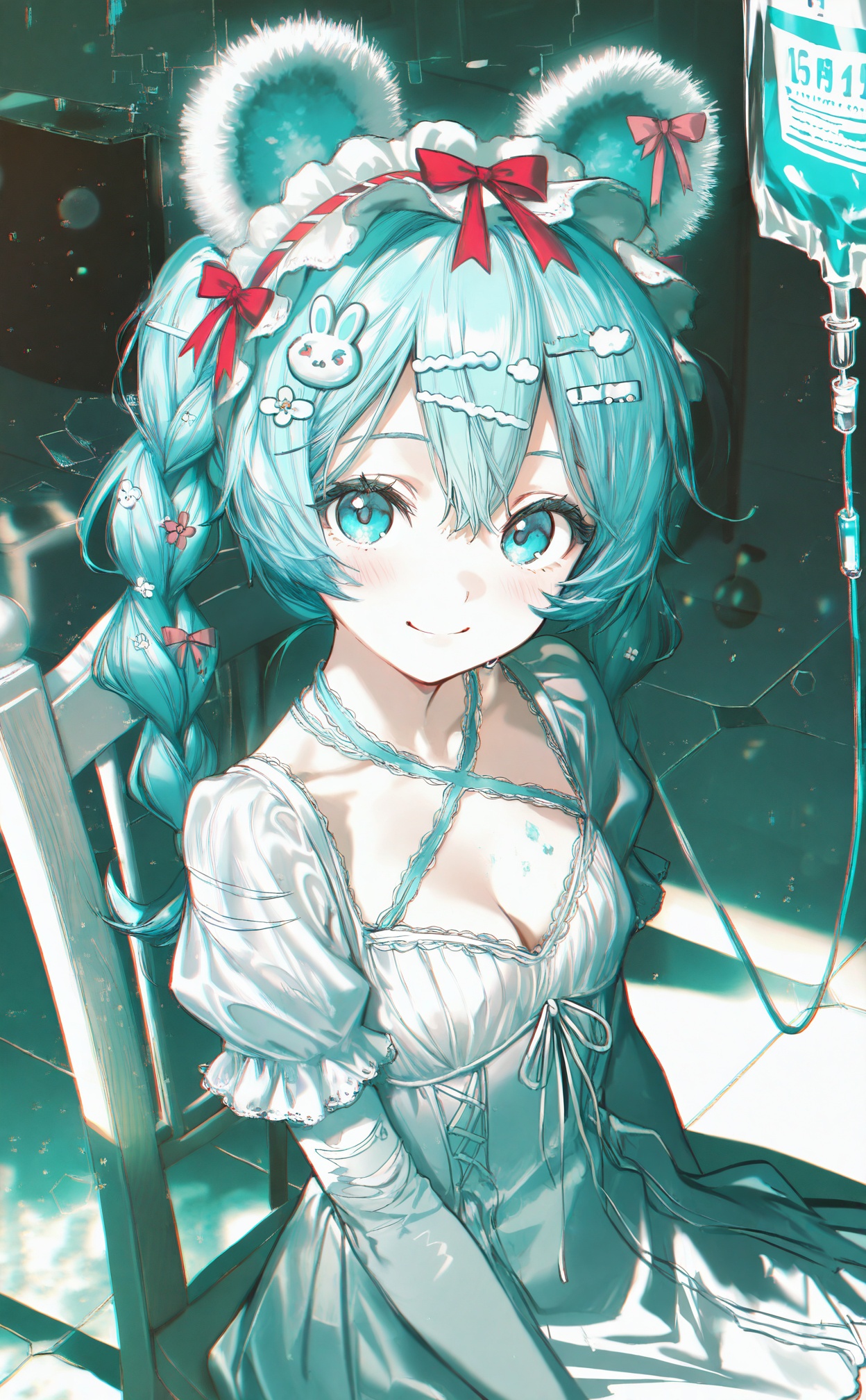 masterpiece,absurdres,best quality,loli,petite,high quality,chromatic_aberration,//,1girl,solo,hair_ornament,smile,hatsune_miku,braid,blue_eyes,bow,chromatic_aberration,dress,long_hair,tiles,aqua_eyes,closed_mouth,rabbit_hair_ornament,ribbon,white_dress,hairband,tile_floor,cleavage,red_bow,upper_body,hair_between_eyes,hairclip,looking_at_viewer,frills,indoors,collarbone,red_ribbon,twin_braids,lolita_hairband,rabbit_ears,aqua_hair,long_sleeves,breasts,film_grain,looking_to_the_side,blue_hair,smoke,intravenous_drip,twintails,headdress,white_hairband,frilled_sleeves,frilled_hairband,hair_bow,animal_ears,sitting,puffy_sleeves,hair_ribbon,bear_hair_ornament,aqua_theme,chair,flower,shirt,short_sleeves,holding,glitch,//,Depth of field,(colorful),hdr,Tyndall effect,depth of field,Tyndall Effect,blurry,blurry_background,depth_of_field,bokeh,glowing,//,<lora:ssxd2——【noob】hans:1>,