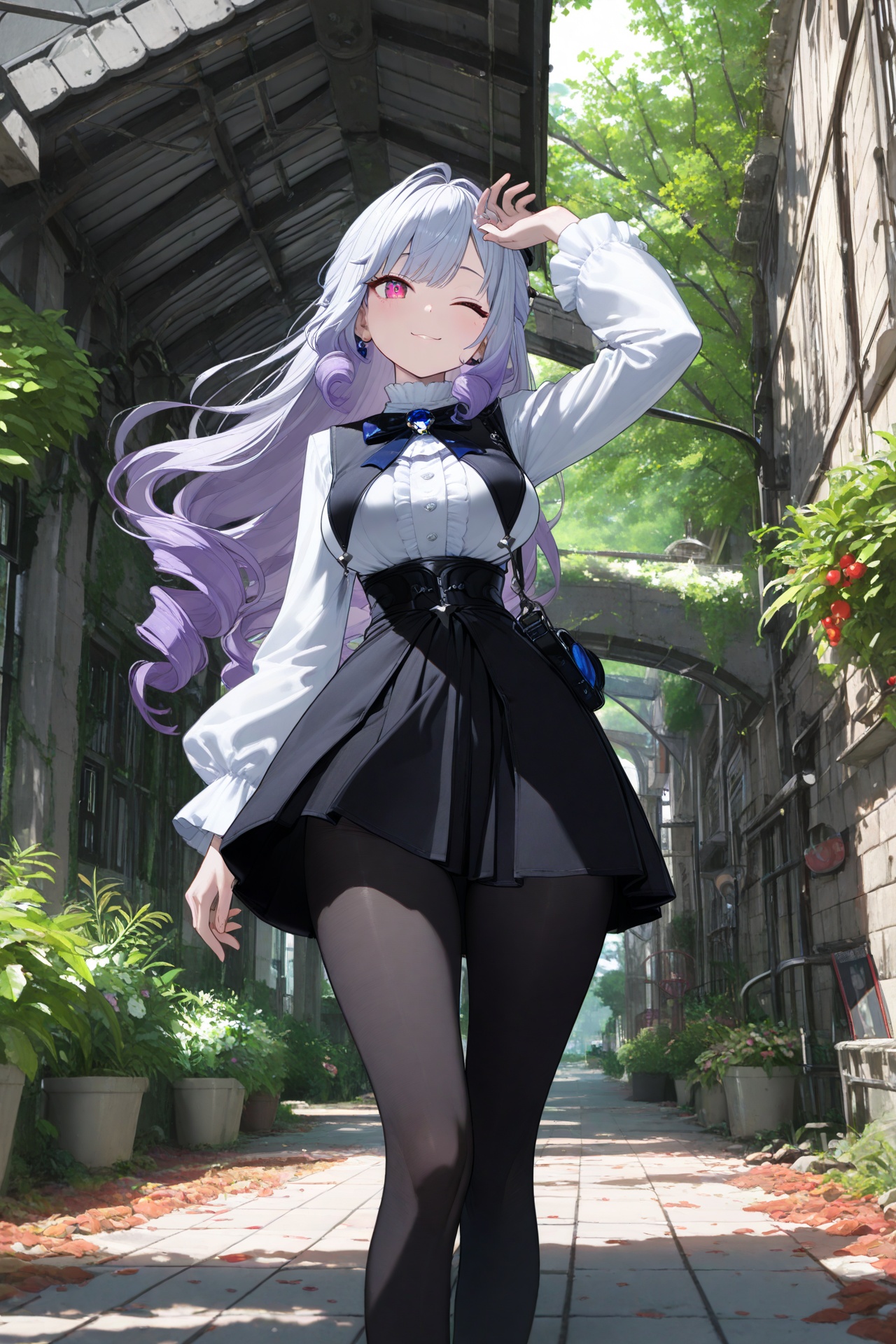 masterpiece,best quality,amazing quality,very aesthetic,absurdres,newest,scenery,1girl,vivian,black_pantyhose,large breasts,finishing hair,hair blown away,wink,