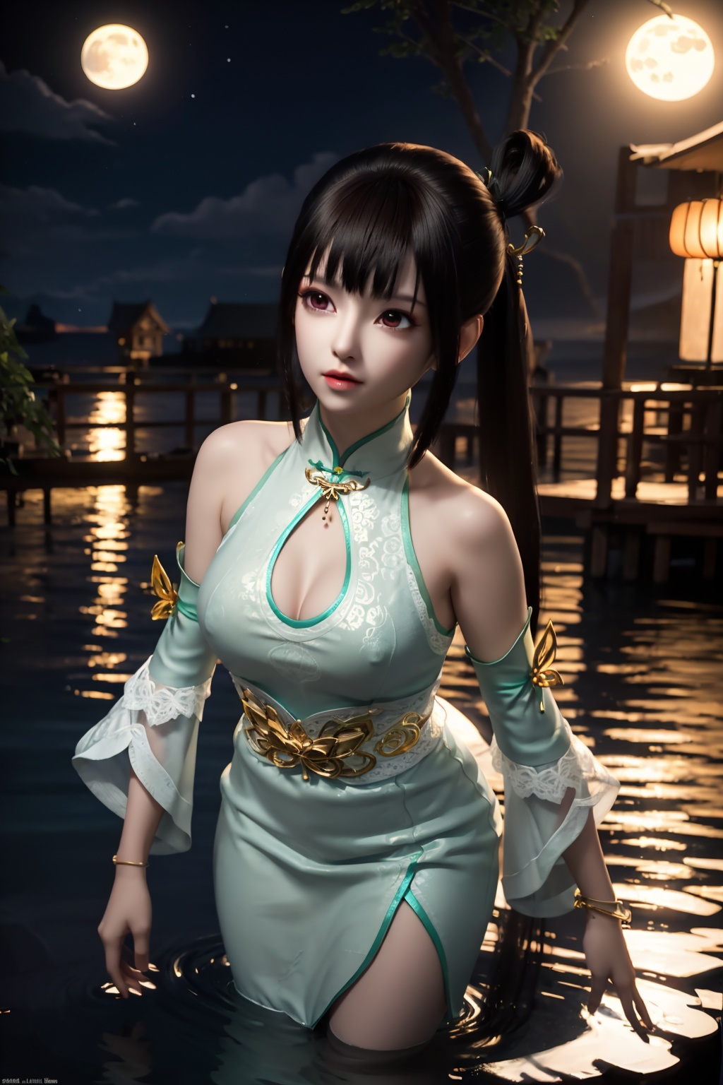 standing,dress,chinese clothes,flower,full_moon,moon,night,lily_pad,lotus,moonlight,nipples,water,night_sky,lily_\(flower\),sky,partially_submerged,1girl,solo,hair ornament,long hair,realistic,nail polish,photo_\(medium\),large breasts,cleavage,makeup,(8k, RAW photo, best quality, masterpiece:1.2),(realistic, photorealistic:1.3),ultra-detailed,extremely detailed cg 8k wallpaper,(crystalstexture skin:1.2),extremely delicate and beautiful,(sexy pose:1.2),