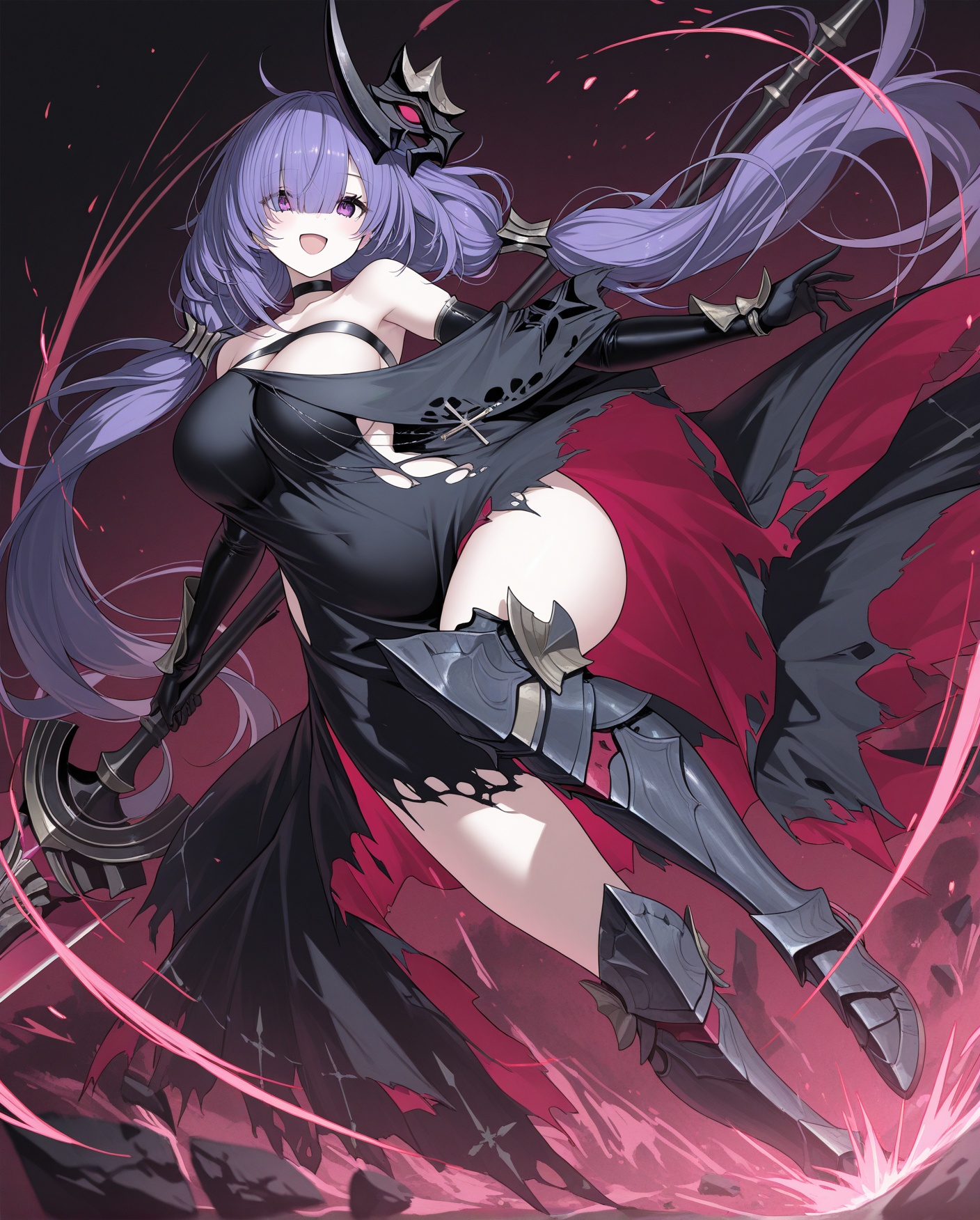 <lora:mogador_IL_v1.0:1>,mogador \(azur lane\),low twintails,off-shoulder dress,black dress,choker,elbow gloves,mask on head,:d,holding weapon,armored boots,dynamic pose,dutch angle,, masterpiece,best quality,