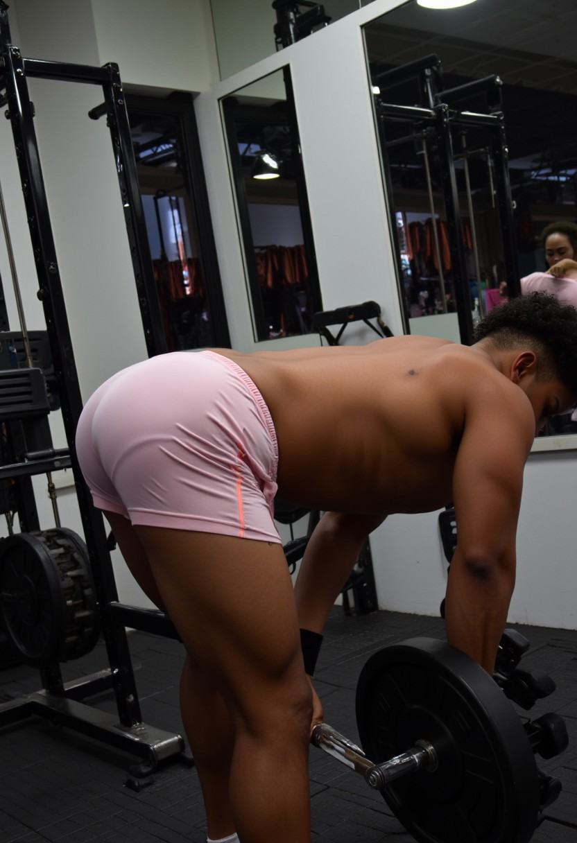 Photo of a fit 20-year-old Black man with a muscular,  well-defined physique performing a deadlift in a gym. His back is t...