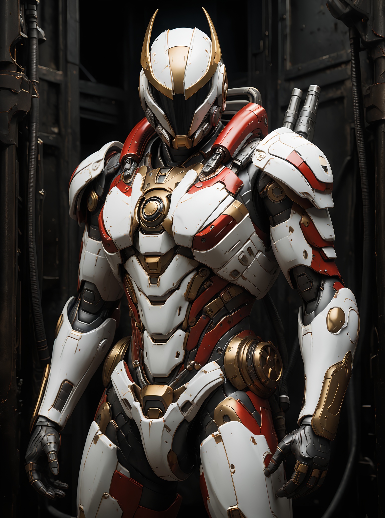 robot, armor,full body,standing pose, red and white color scheme, gold accents, helmet，Complex details, wear and tear，cable，horns,dark background   <lora:robot_1:0.7>